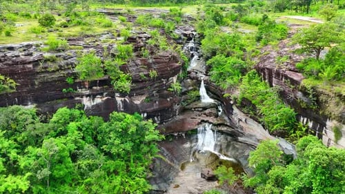 Vue aérienne d'une cascade tropicale luxuriante, entourée d'une végétation éclatante.