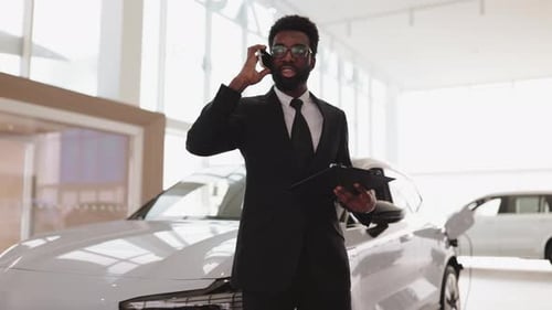 Car Dealer Holding Clipboard in Automobile Showroom