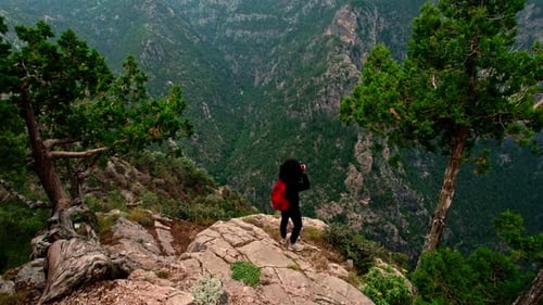 Woman on Mountain Overlook Taking Pictures