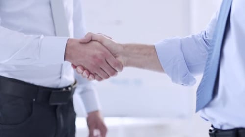 Business Deal: Two Men Shaking Hands in Office