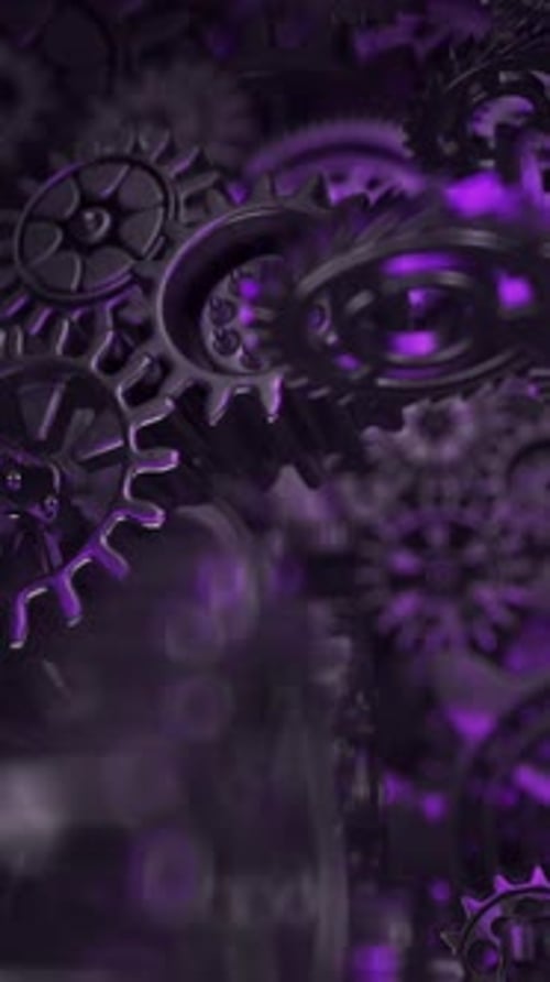 Rotating Gears and Cogs Mechanism with Purple Lighting