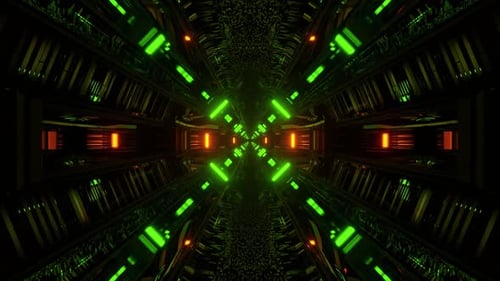 Vibrant futuristic tunnel with glowing neon lights and geometric designs creating a dynamic and capt