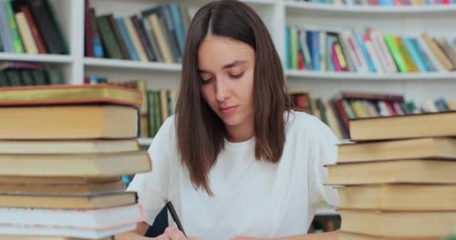 Student sammelt Informationen aus verschiedenen Büchern Kaukasisches Mädchen im weißen T-Shirt sammelt Daten