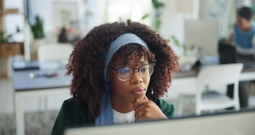 Computer, thinking and businesswoman in office with planning for creative project with publishing