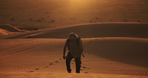 Lonely Traveler Walking Across the Endless Desert – Cinematic Middle Eastern Landscape