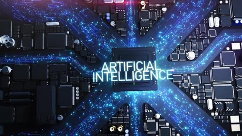 stylized city consisting of chips and computer components on a printed circuit board