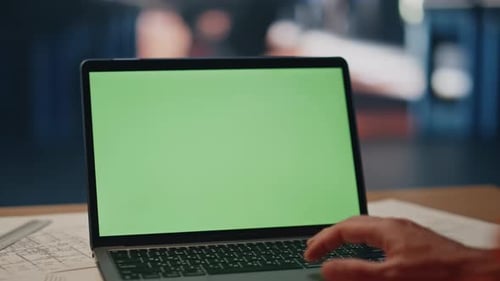 Man Hand Working Mockup Laptop in Production Facility Close Up Male Architect