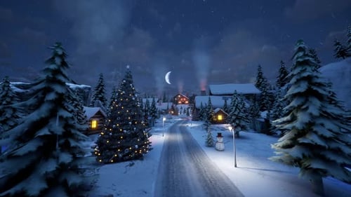 Christmas Snowy Winter Village Night Landscape Animation