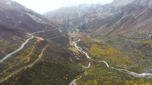 amazing View on Grimselpass high mountian alpine road and Swiss Alps in background . Furka pass, Swi