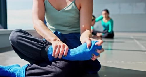 Health, stretching and dance with feet of woman in studio in Japan for performance