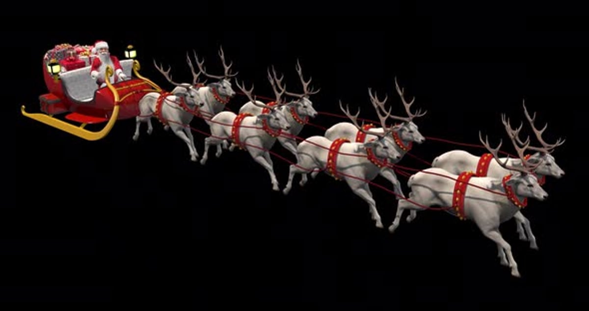 Papai Noel andando de trenó puxado por oito renas com, Animação gráfica ...