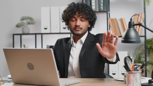 Businessman Working on Laptop Showing Stop Gestuge Danger Rejection Warning Crisis Prohibition