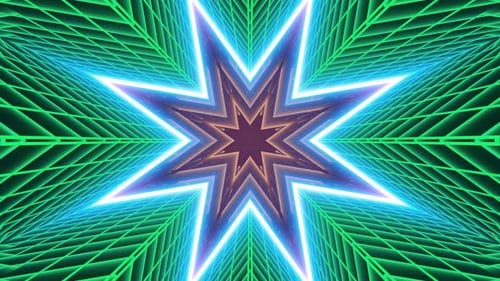 Neon Glowing Star with Geometric Grid Abstract Looping Background