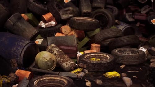 Environmental Pollution: Pile of Rusty Trash and Old Tires