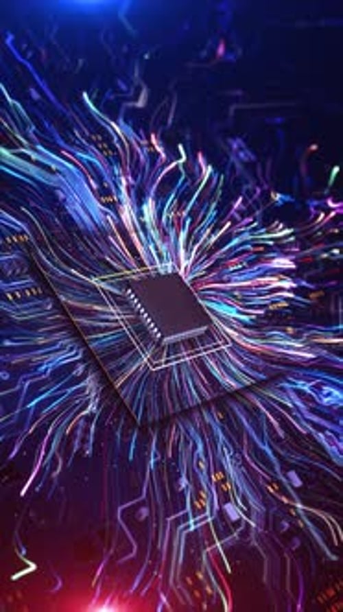 KI-Prozessorchip für künstliche Intelligenz, Datenstrom, KI-Prozessorchip mit Neontechnologie, der fortschrittliche