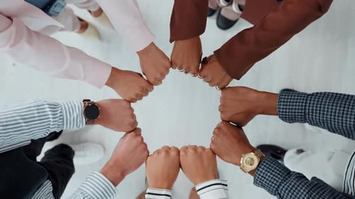 Business, group or hands of people with fist bump for team building, office community or solidarity
