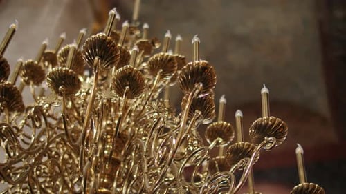 Ornate Golden Chandelier Inside Orthodox Church