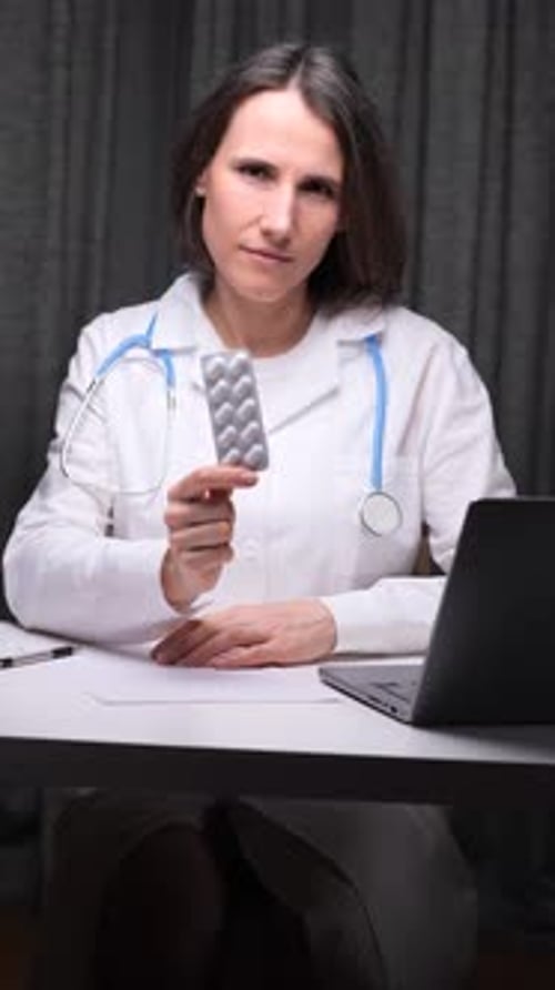 Vertical Video Doctor Showing Pills in Shopping Cart at Office Desk