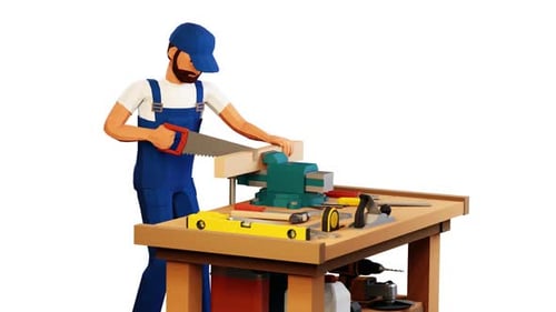 3d carpenter saws board with hand saw.