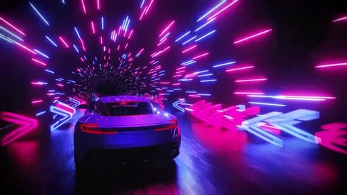 Futuristic Sports Car Speeds Through Neon Lit Tunnel