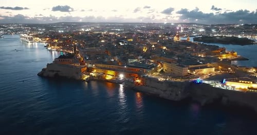 Aerial View of Amazing Valletta City at Night Malta Island