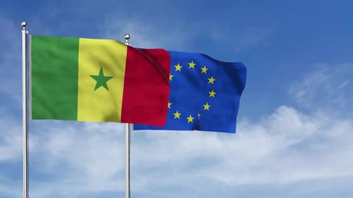 Senegal and European Union Flags Waving Together in Blue Sky