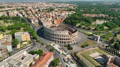 Aerial view of the Colosseum and Arch of Constantine, Italy.