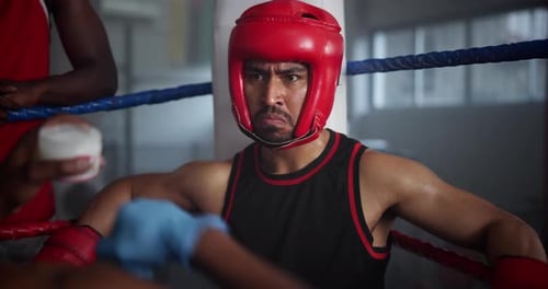 Sports, boxing and man with coach in corner for challenge, competition and tournament in ring fight