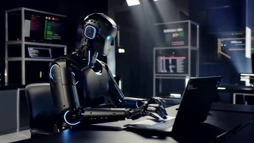 Advanced Humanoid Robot Working on Computer in High Tech Lab