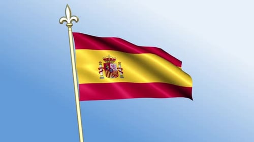 Realistic Waving Spanish Flag on a Pole with Blue Sky Background
