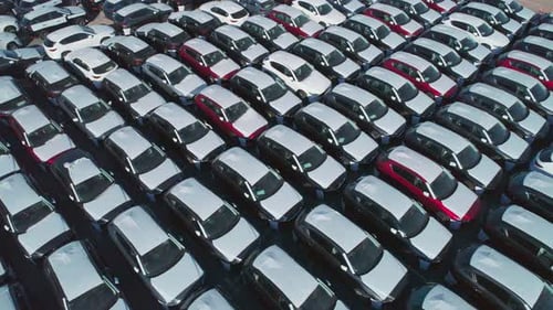 Aerial View of New Cars Parked in Car Parking Lot Car Dealer Parking Lot Full of New Automobiles New