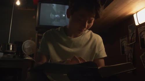 Chinese Girl Studying Textbook in Tiny Apartment at Night