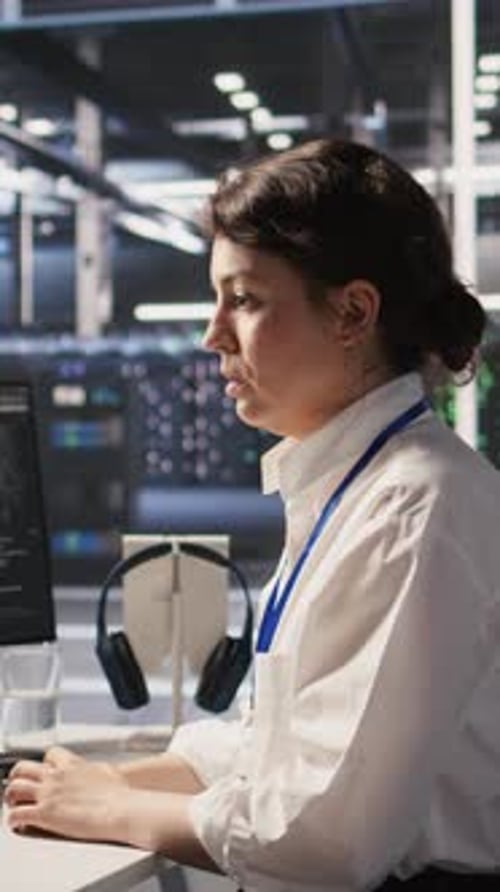 Vertical Video Fatigued Data Center Engineer Stretching Monitoring Server Clusters