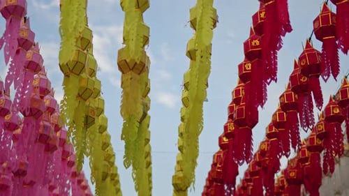 Hanging one hundred of multi colours lantern light lamp for Loy Krathong Festival in Lampune.