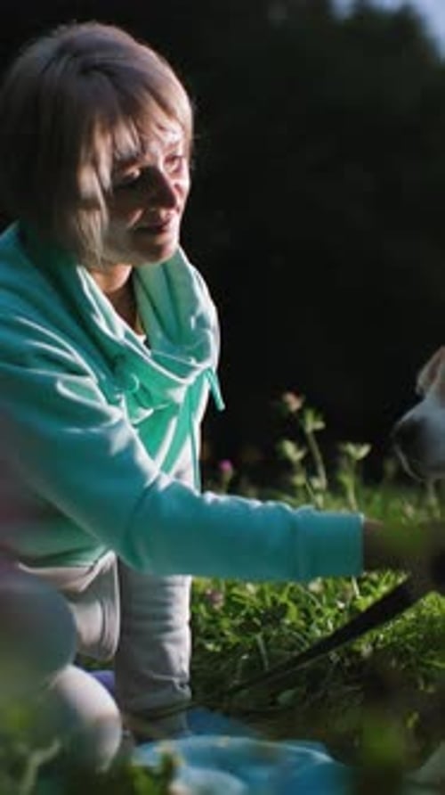 Sunset Walk with Beloved Pet Serene Scene of Owner and Dog During Evening Walk Calm Portrait