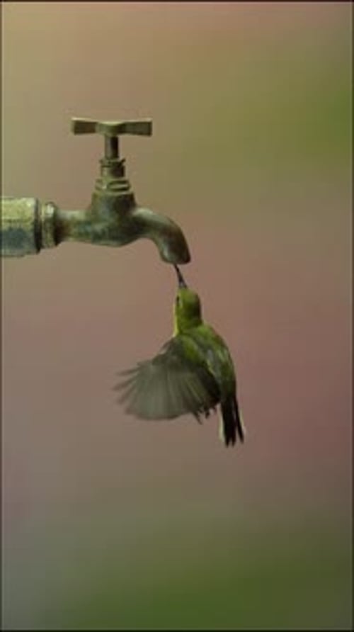 Vidéo au ralenti d'un colibri buvant à un robinet d'eau