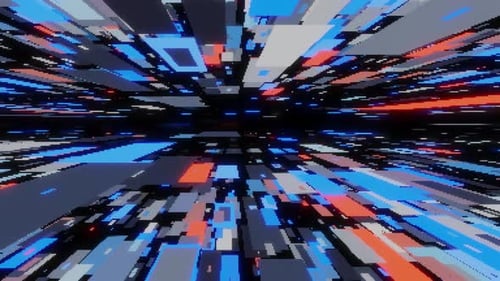 Digitale quadratische Form, die sich zufällig bewegt und auf schwarzem Hintergrund animiert, digitale High-Tech-Futuristik