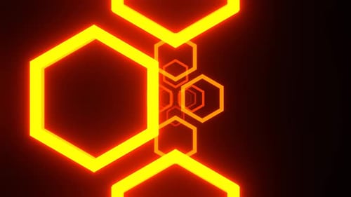 Orangefarbener Neonblitz mit sechseckigem Hintergrund im Weltraum, VJ Loop In 4K