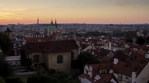 Sunrise timelapse over the roofs of Mala Strana in Prague, Czech Republic as seen from Hradcany near
