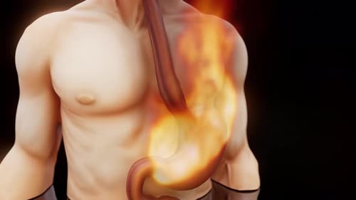 Conceptual 3D animation of a man with his stomach on fire