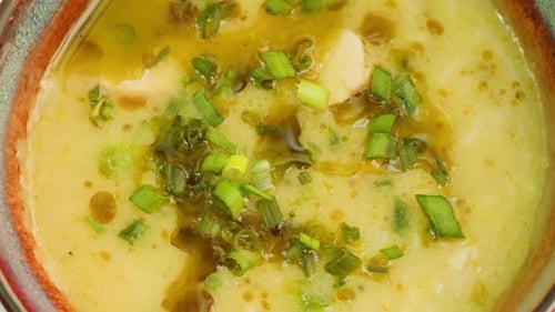 Bean Soup with Green Onion Closeup Rotating Arabian Cuisine Traditional Middle Eastern Culture