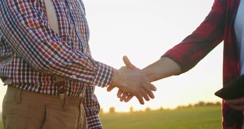 Cropped View of the Handshake Between the Young Farmer and His Couch at the Field During the