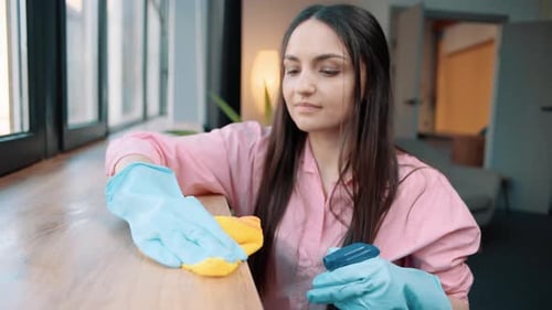 Close up shot of Housewife in blue rubber gloves washes, spraying windowsill at room