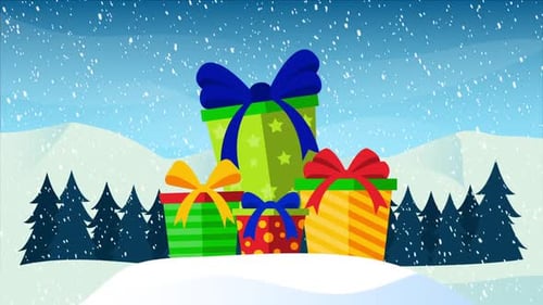 Flat Design Christmas Gift Drop into Snowy Scene