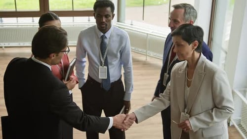 Business Team Collaboration and Greetings in Bright Office