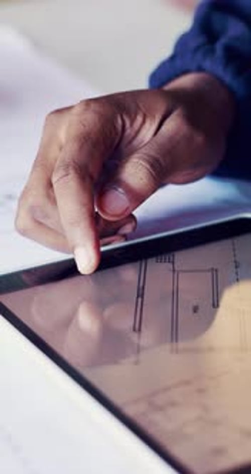 Blueprint, tablet screen and hands of construction worker on site with planning for renovation
