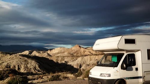 Caravan In Mountain, Tabernas Desert Spain. Timelapse