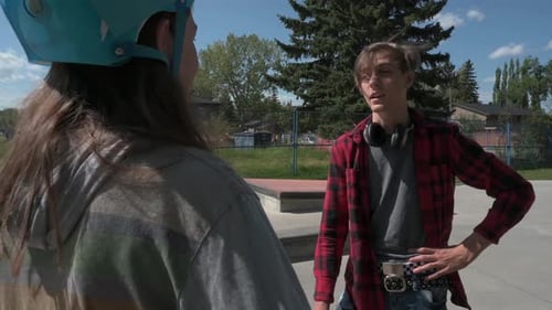 Brothers enjoying sunny summer day conversation at the skate park