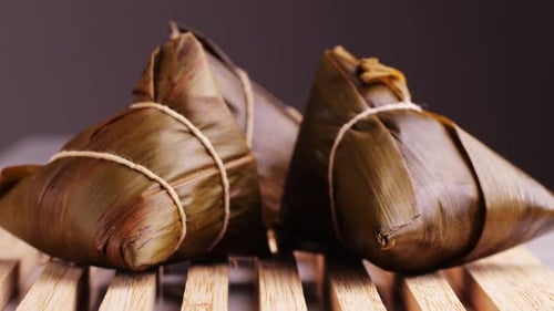 Close up of Zongzi on Bamboo Slats