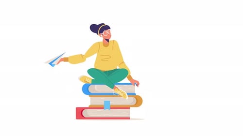 Animated Illustration of Person Sitting on Books Launching Paper Airplane